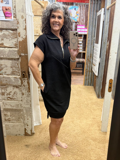 Half-Zip Jacquard Dress w/ Pockets: JET BLACK