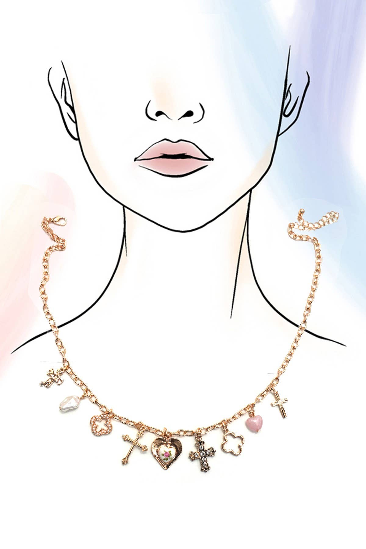 CHARM NECKLACE-CLOVER CROSS PORCELAIN FLOWER | 80N92003: GOLD