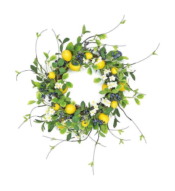 Lemon, Blossom & Blueberry, Wreath, 24", Yellow/Cream/Blue
