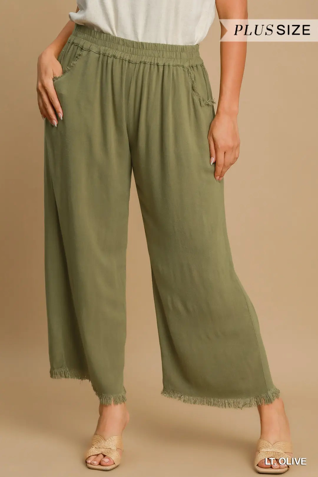 UMGEE Lt. Olive Frayed Hem Wide-Leg Pants
