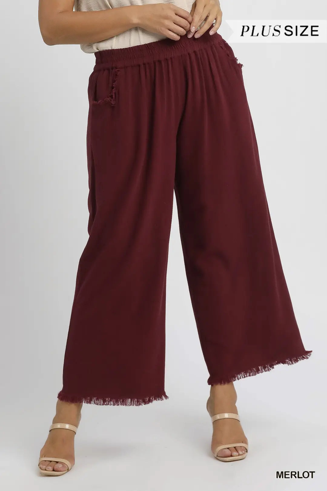 UMGEE Merlot Frayed Hem Wide-Leg Pants