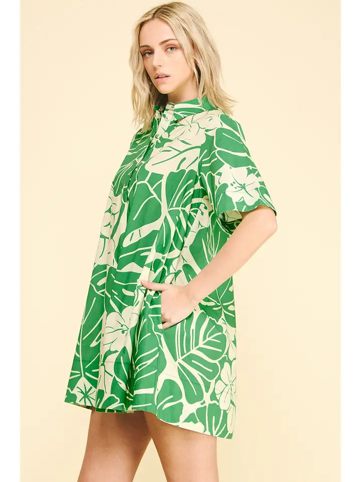 Green Floral Print Button Down Mini Dress