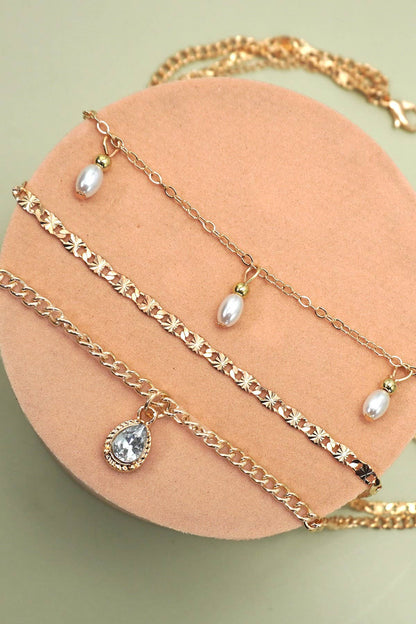 MULTI LAYER STONE CHAIN TEARDROP CHARM NECKLACE | 40NK9637: GOLD
