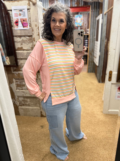 Peach Striped Long Sleeve Pullover Top