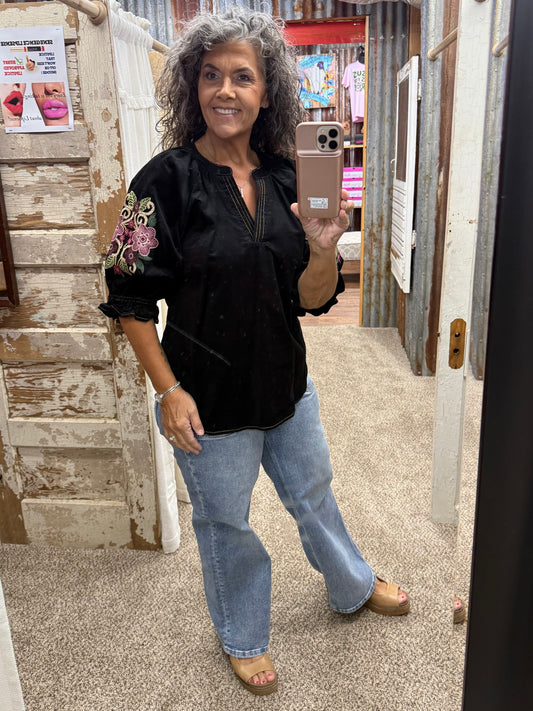 UMGEE Black Embroidered Sleeve Corduroy Blouse