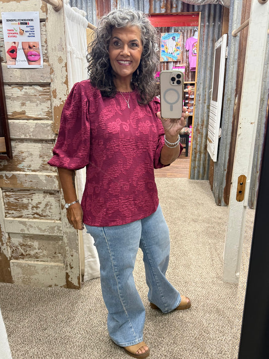 UMGEE Wine Paisley Textured Puff Sleeve Blouse