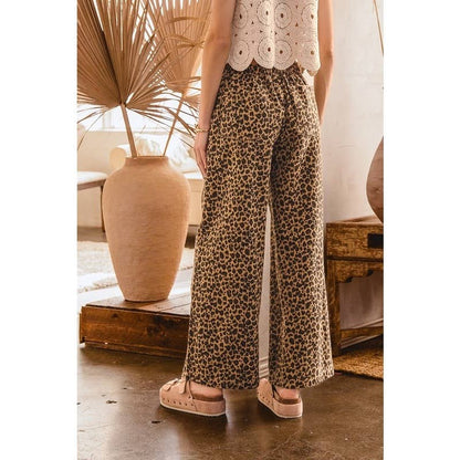 WIDE LEG LEOPARD TWILL PANTS WITH DRAWSTRING