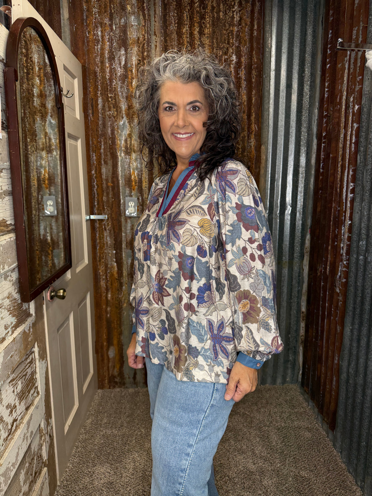 UMGEE Denim Mix Jacquard Floral Contrast Trim Split Neck Top