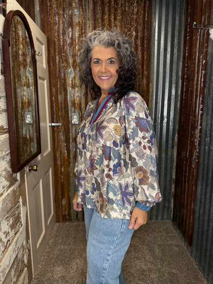 UMGEE Denim Mix Jacquard Floral Contrast Trim Split Neck Top