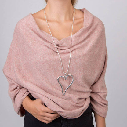 Open Heart Long Silver Necklace