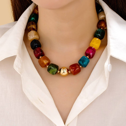 Multicolor Marbled Resin Bead Statement Necklace | 80N93701: MULTI