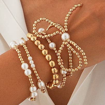 MULTI LAYER BALL CHAIN BEAD PEARL BOW BRACELET | 40B5135: Gold