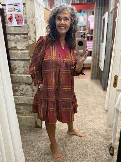 UMGEE Wine Plaid Ruffled Mini Dress