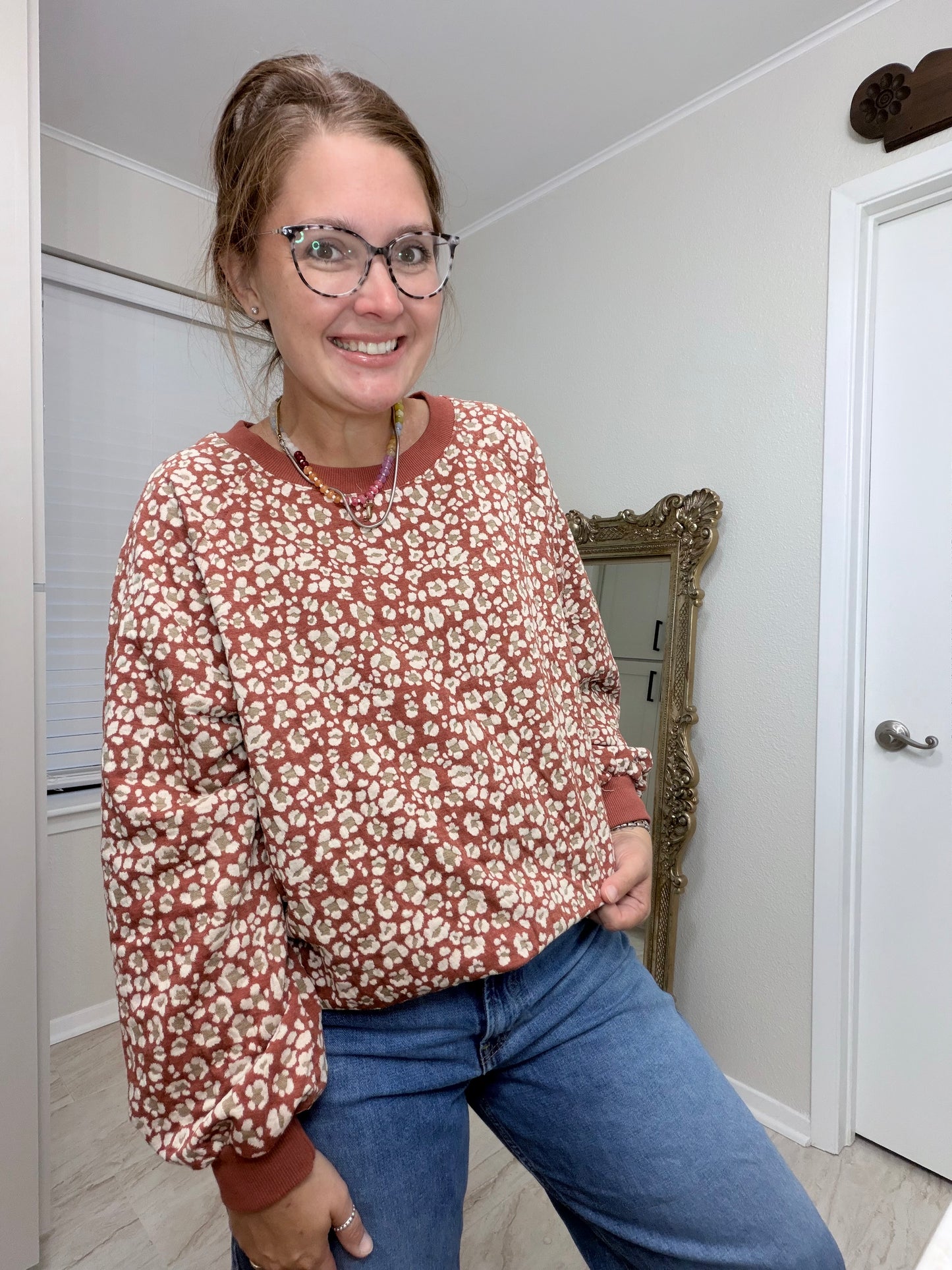 🍂 Floral Pattern Knit Pullover — Brick 🍂