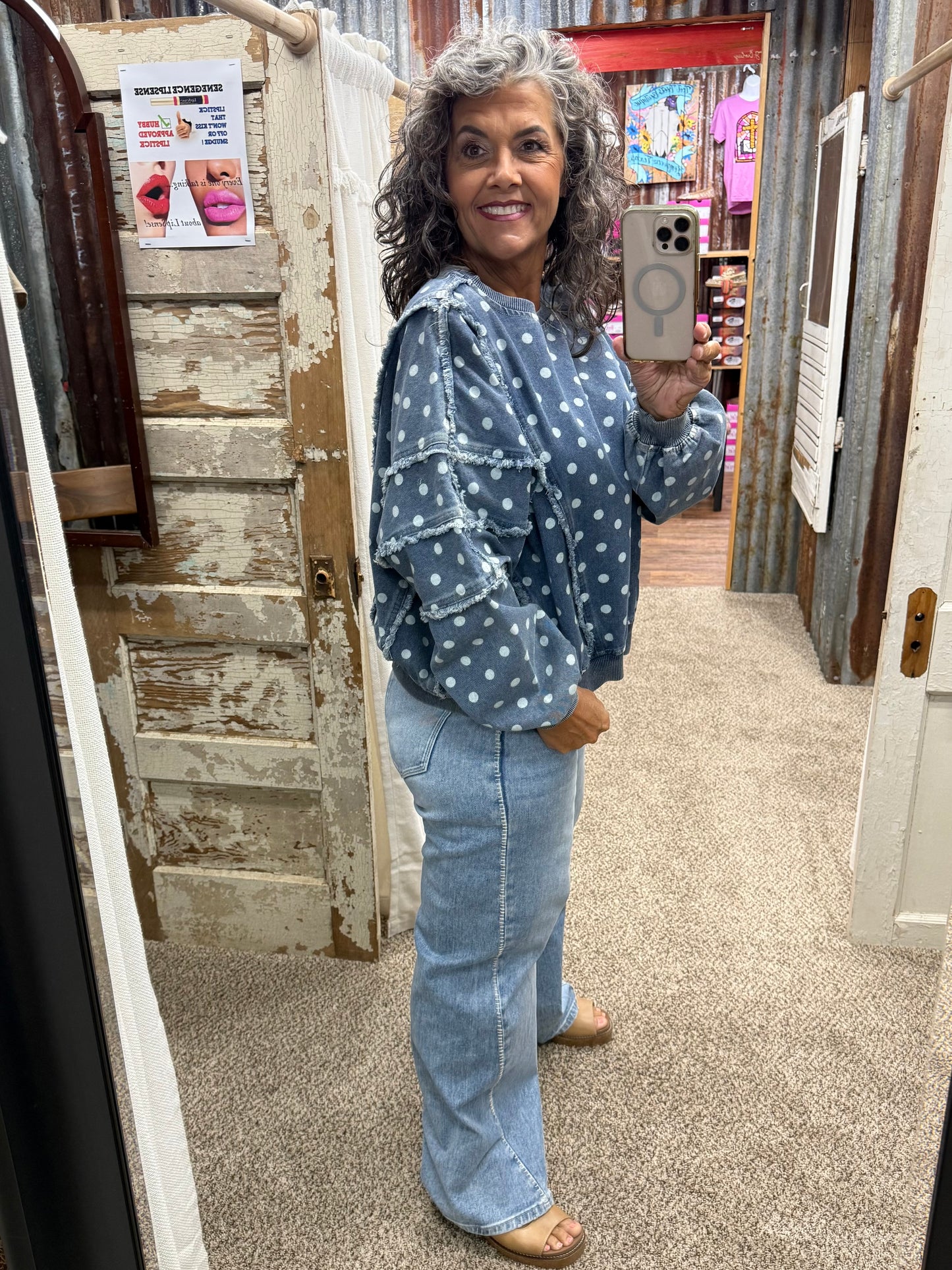 POLKA DOT PRINTED WASHED DENIM FRAYED EDGE DETAIL TOP