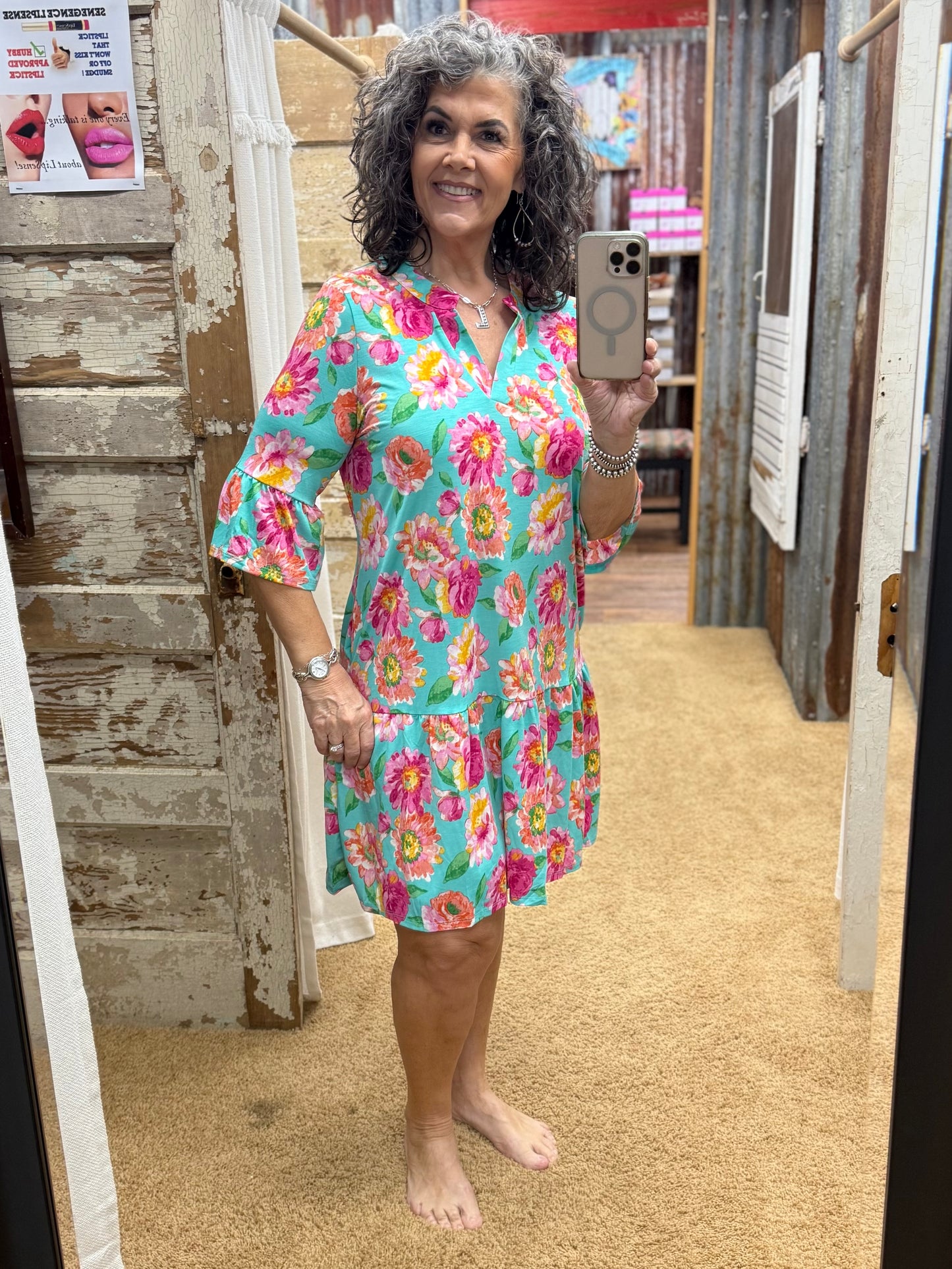 Floral Print Shirred Tiered 3/4 Sleeve Dress: MINT