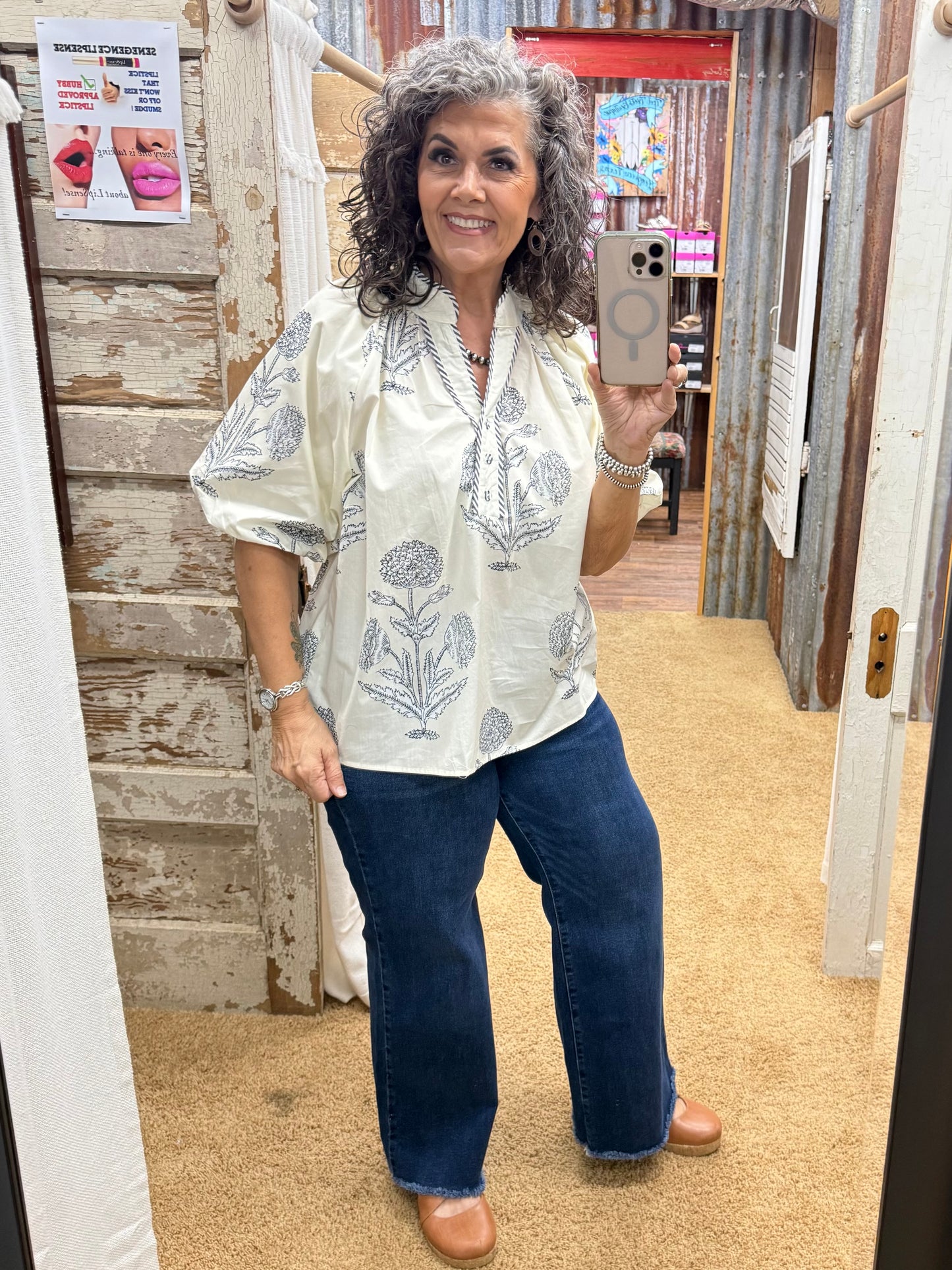 UMGEE Ecru/Black Floral Print V-Neck Top