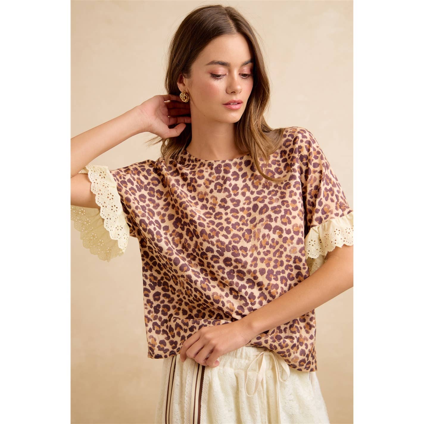 LEOPARD AND EYELET LACE RUFFLED TOP AND SHORTS SET