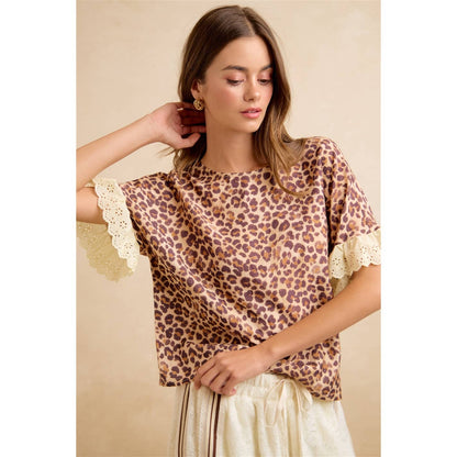 LEOPARD AND EYELET LACE RUFFLED TOP AND SHORTS SET