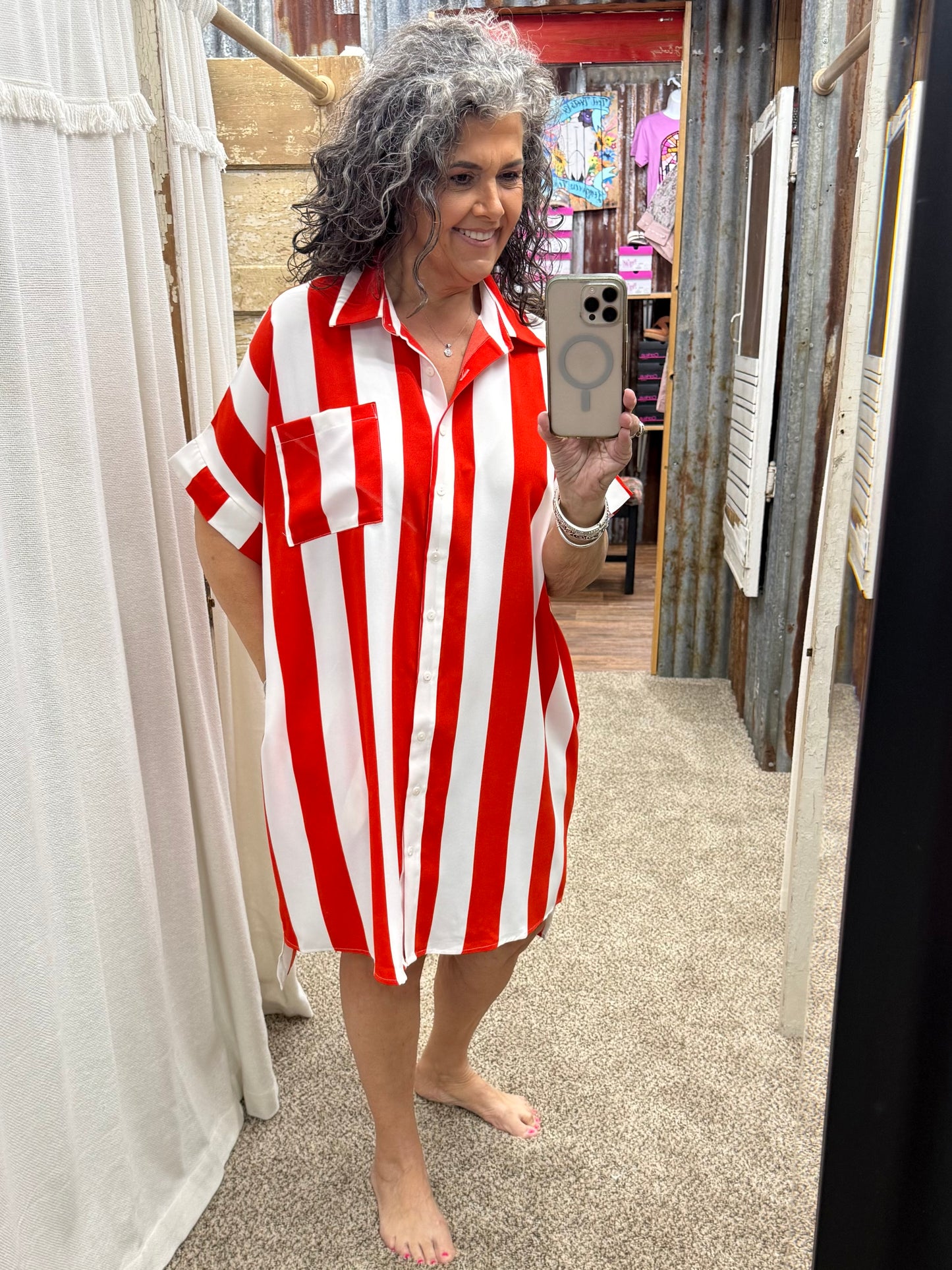 Vertical Stripe Short Sleeve Button-up Shirt Dress : TOMATO WHITE