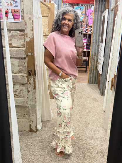 WASHED FLOWER PRINTED TWILL RUFFLED DETAIL WIDE PANTS