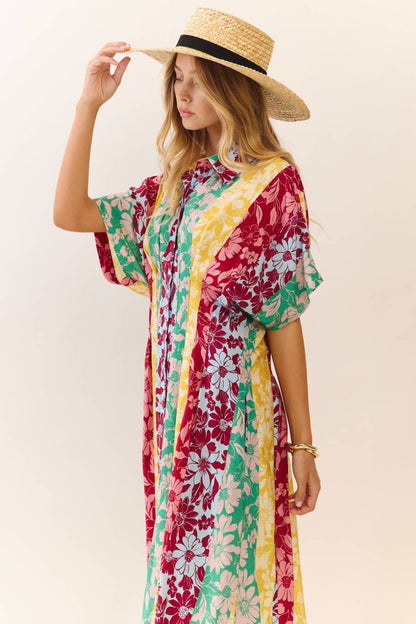Mixed Floral Print Button-front Midi Dress: Floral Medley