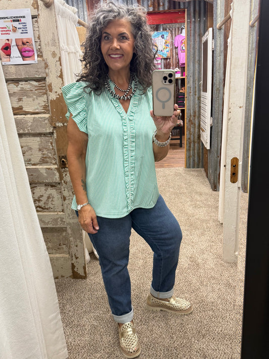 UMGEE Green Stripe Ruffle Top