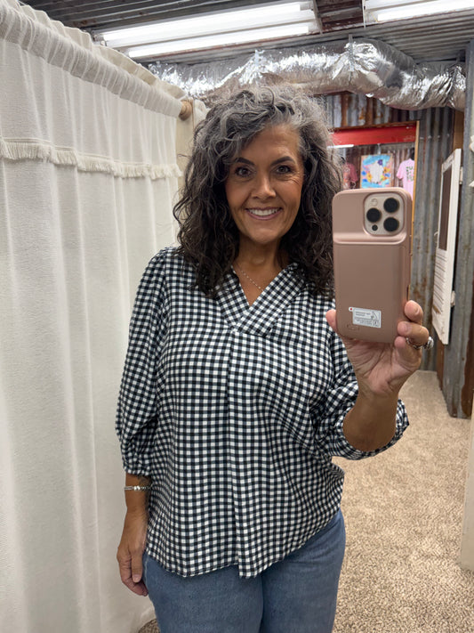 UMGEE Black Gingham Check Collared Puff Sleeve Blouse