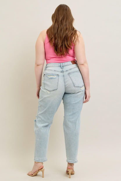 Judy Blue Mid Rise Repair Stitch Detail Destroy Single Cuff Boyfriend Jean 88972