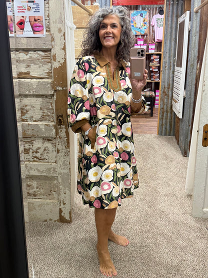 UMGEE Black MIx Mix Floral Contrast Trim Shift Mini Dress