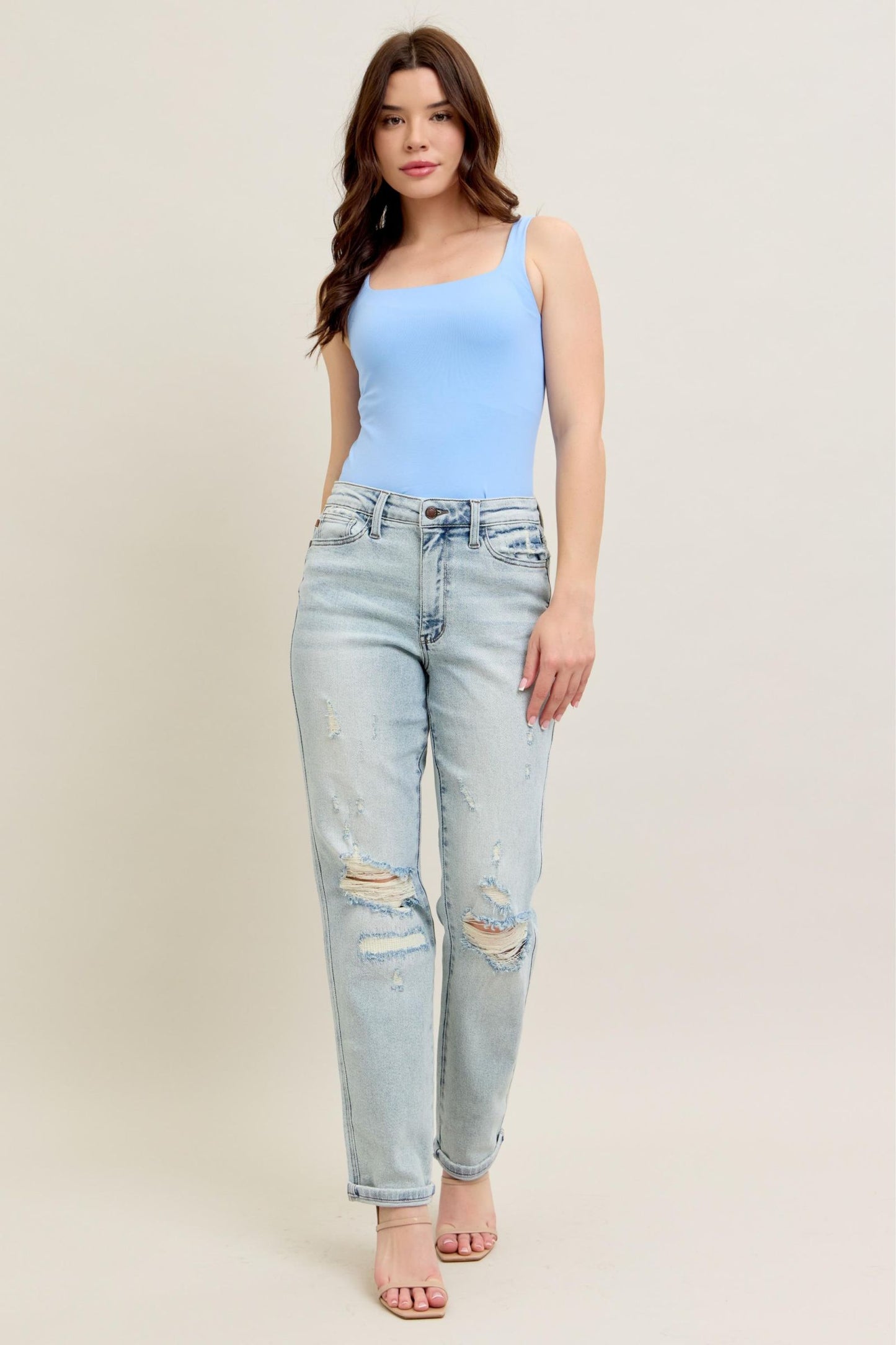 Judy Blue Mid Rise Repair Stitch Detail Destroy Single Cuff Boyfriend Jean 88972