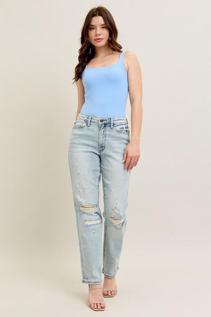 Judy Blue Mid Rise Repair Stitch Detail Destroy Single Cuff Boyfriend Jean 88972