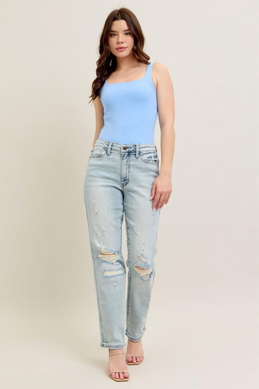 Judy Blue Mid Rise Repair Stitch Detail Destroy Single Cuff Boyfriend Jean 88972