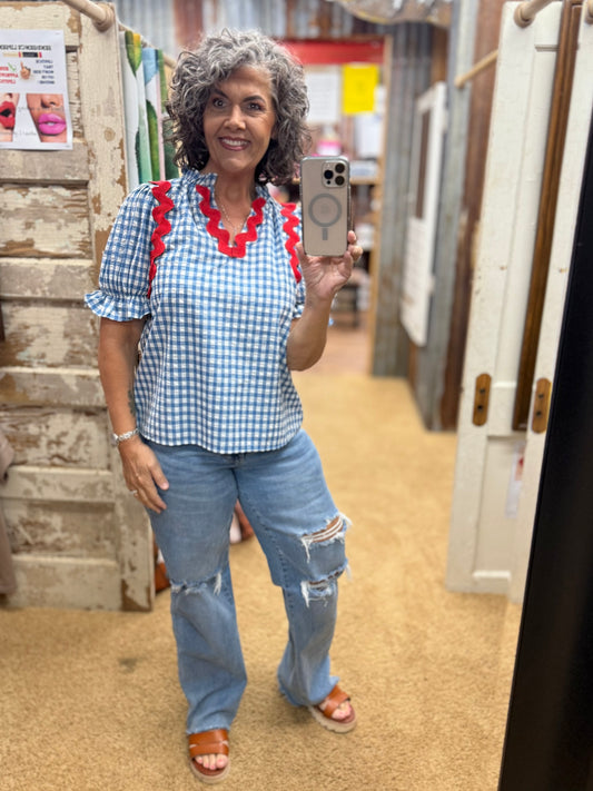 Ric-rac Trimmed BLUE Gingham Check Puff Sleeve Blouse