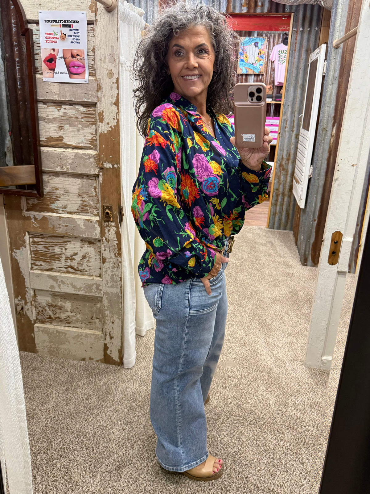 UMGEE Navy Floral Print Surplice Long Sleeve Blouse