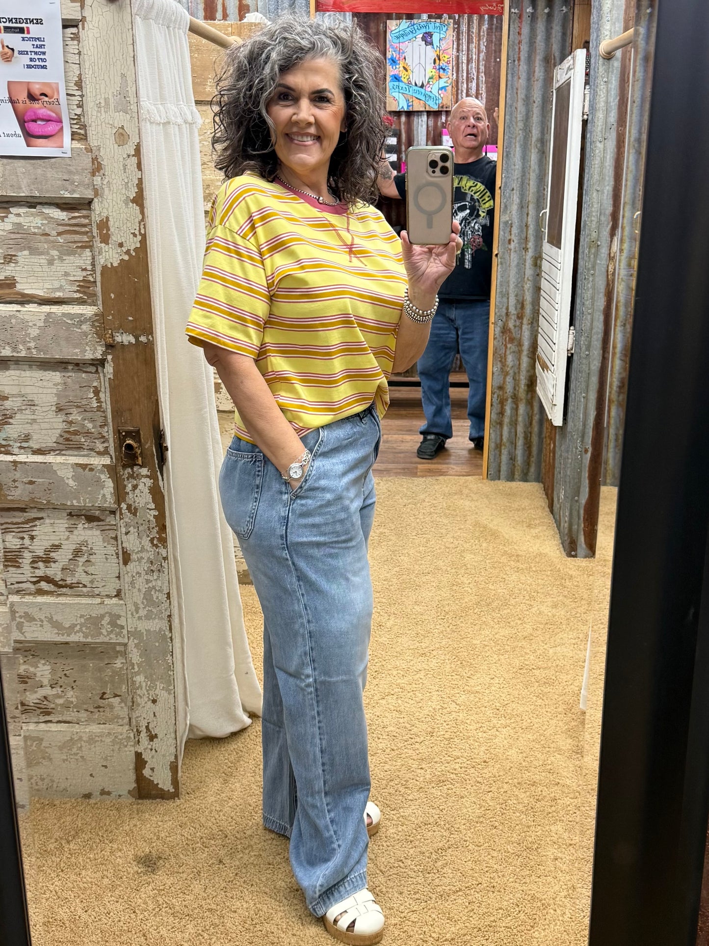 Striped Short Sleeve Relaxed Fit Knit Top: YELLOW COMBO