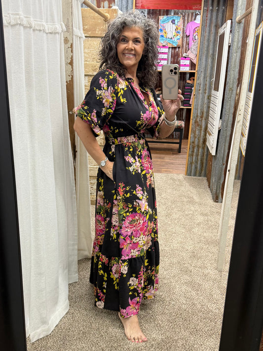 Black Floral Print Midi Dress