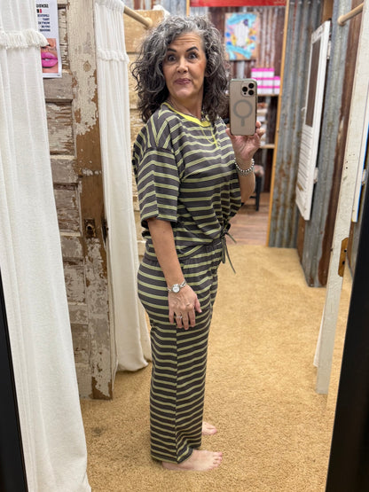 Striped Relaxed Fit Knit Top and Wide Leg Pant Set: CHARCOAL/LIME