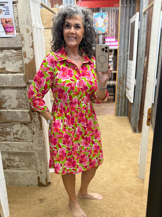 Floral Print Collared Shirt Dress w/ Pockets: LIME PINK