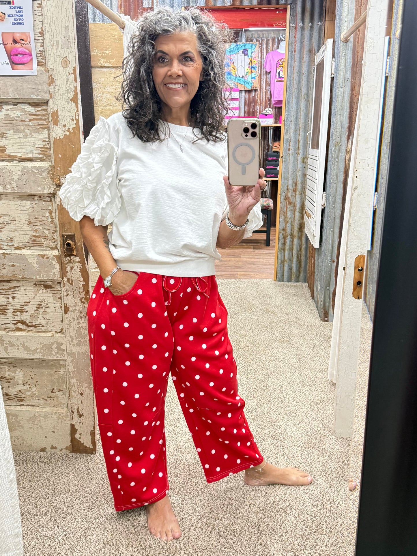 Red / White Polka Dot Heavy Scuba Barrel Lounge Pants