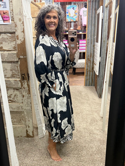 Umgee Black Floral Print Belted Midi Dress