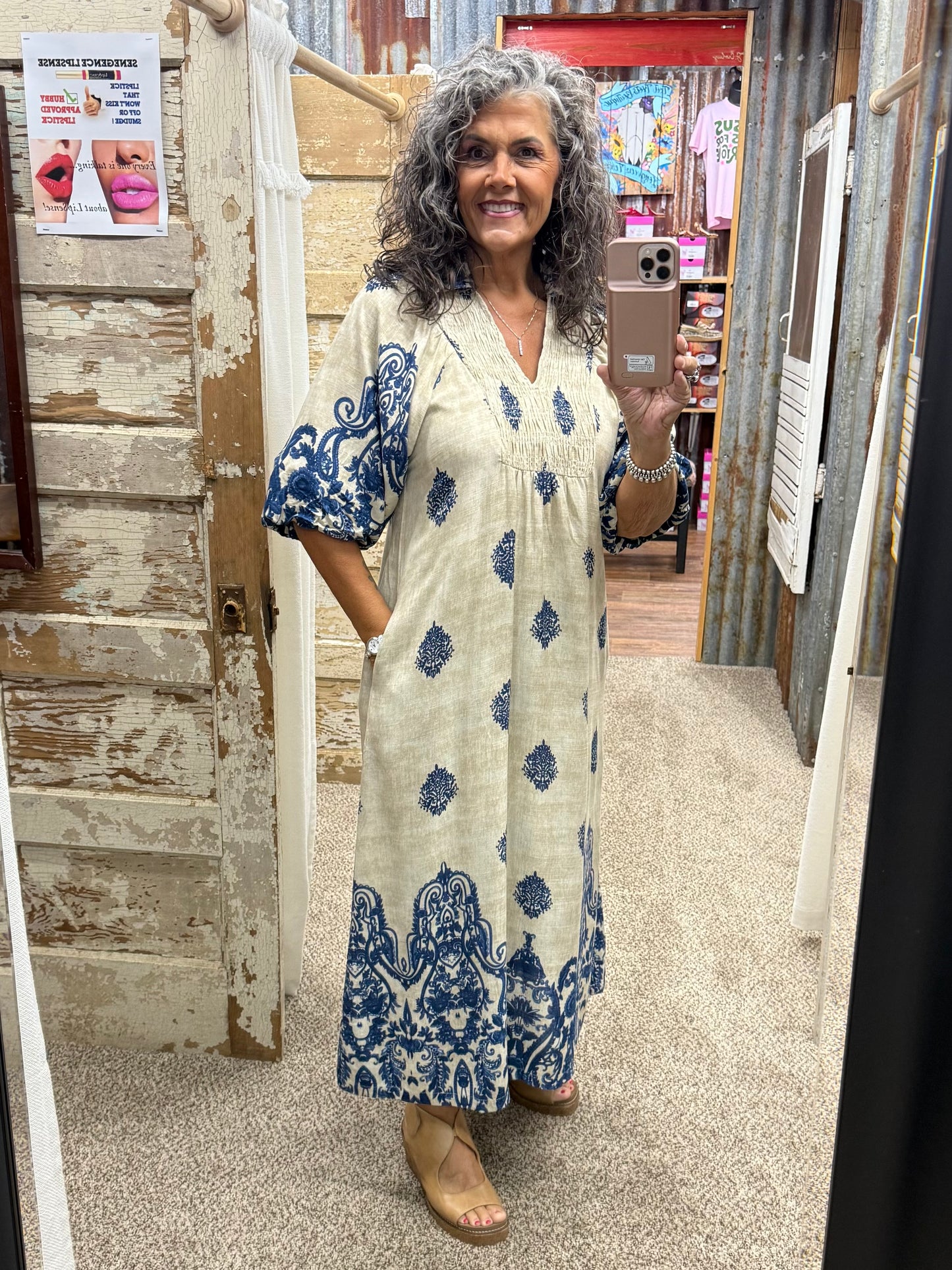UMGEE Navy Border Print Smocked Detail Midi Dress