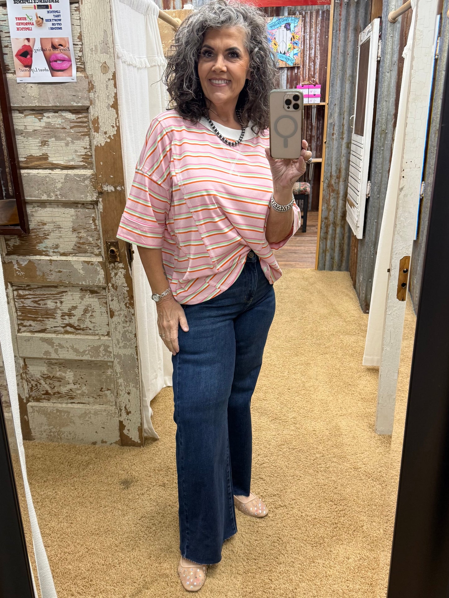 Striped Oversized Short Sleeve Knit Top: PINK COMBO