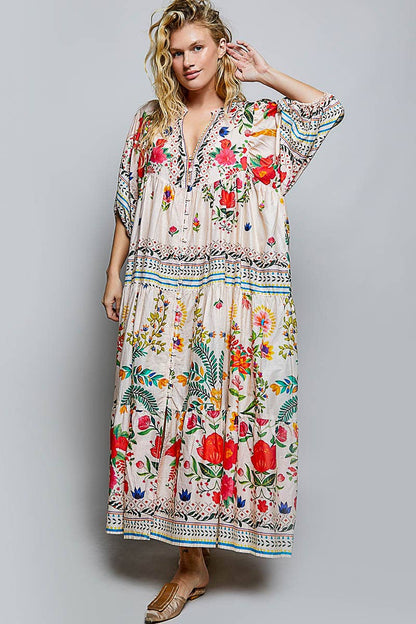 Boho Deep V-Neck Floral Balloon Sleeve Long Dress