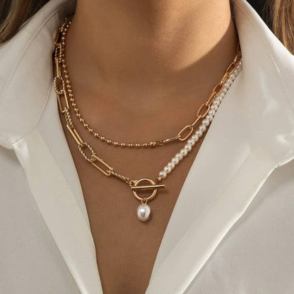 PEARL MIX DOUBLE LAYER TOGGLE NECKLACE | 40NK9460: Gold
