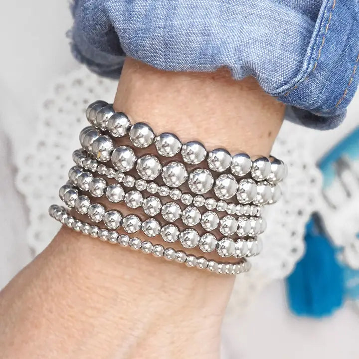 Multi Size Ball Beaded Bracelet Stack Silver Tone Bracelets