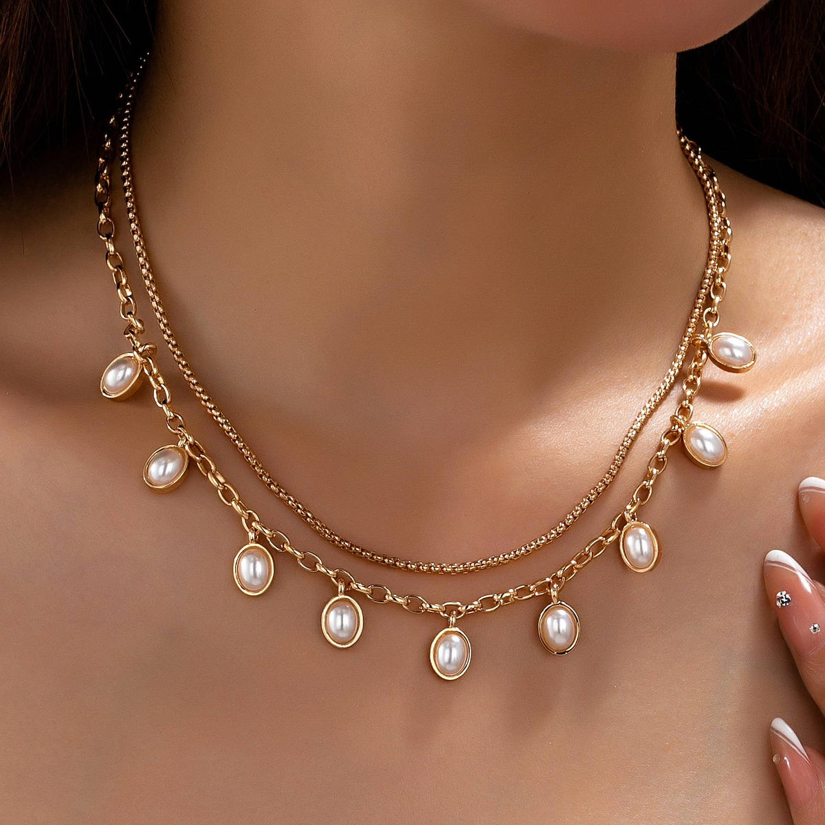 Layered Gold Chain Pearl Charm Necklace | 80N93660: GOLD