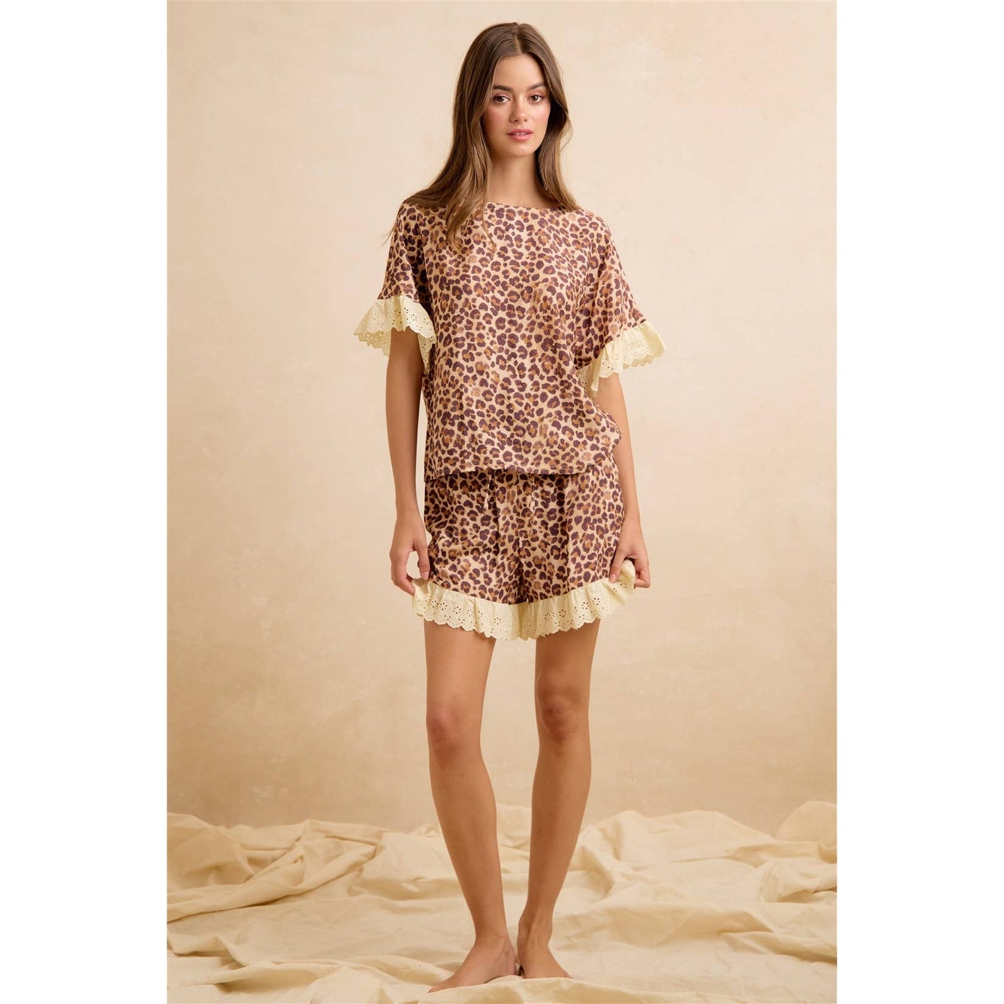LEOPARD AND EYELET LACE RUFFLED TOP AND SHORTS SET