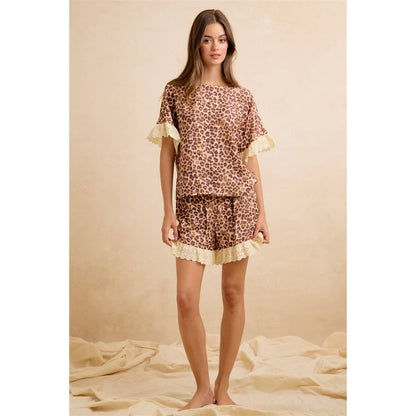 LEOPARD AND EYELET LACE RUFFLED TOP AND SHORTS SET