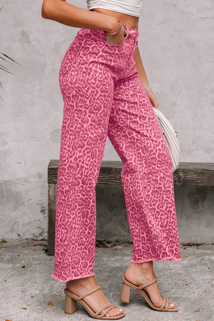 Leopard Frayed Edge Wide Leg High Waist Jeans